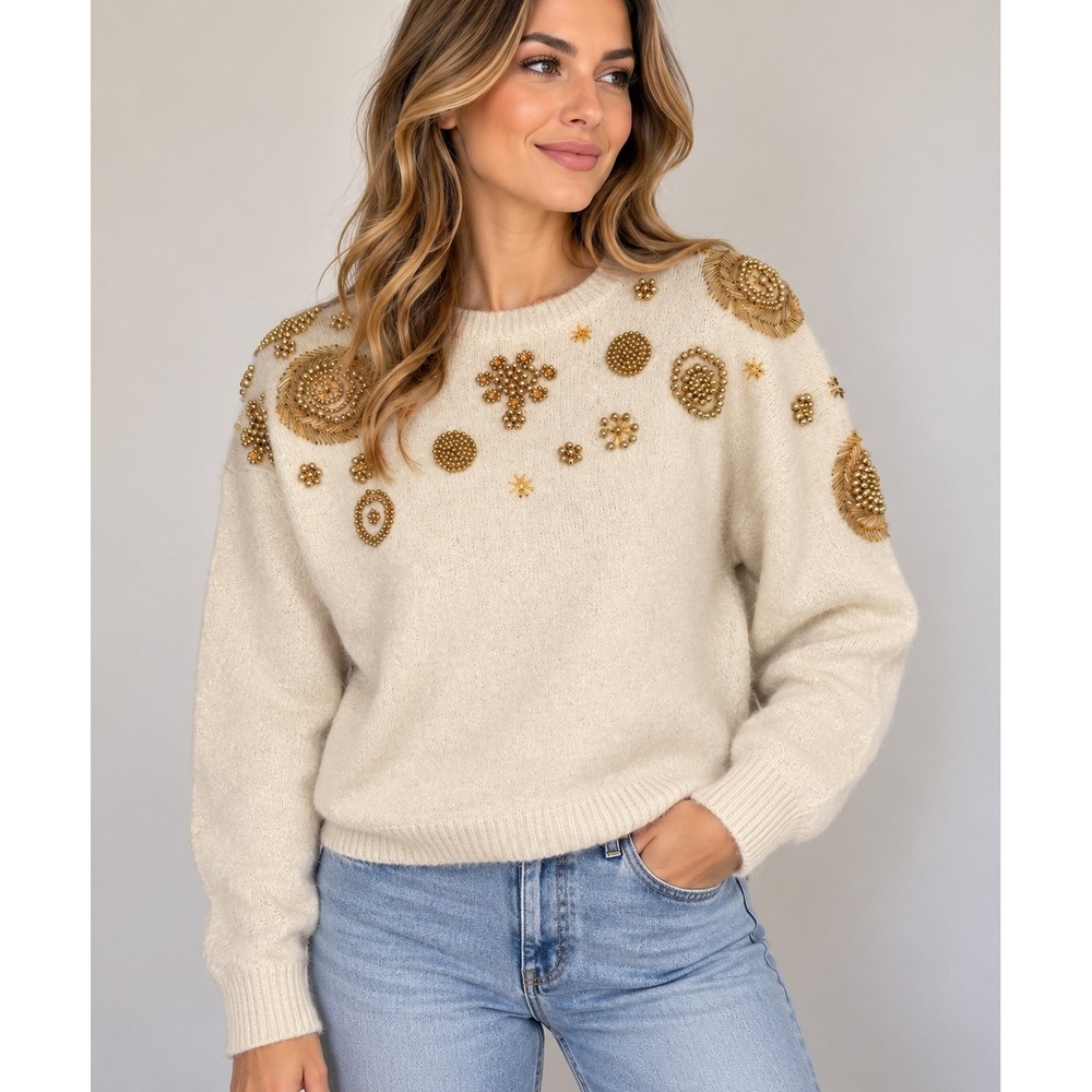 Vintage Exclusive Imports Silk Angora Sweater M Gold Beaded Embellished 80s Glam